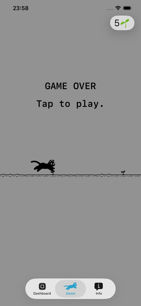 RunCat Pocket - Game over screen of the RunCat Pocket mini game featuring a black cat jumping over an obstacle.