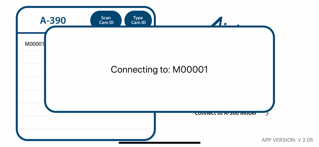 AIRTRAQ CAM - AIRTRAQ CAM app interface showing a connection status popup message for a laryngoscope device