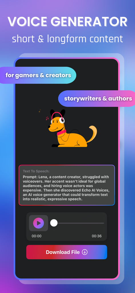 Voice Generator & Changer Pro - The Echo app interface showing AI voice generation from text for gamers and content creators