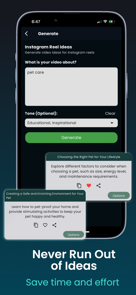 Interfaz de la aplicación Viral AI que muestra cómo generar ideas de contenido para Instagram Reels.