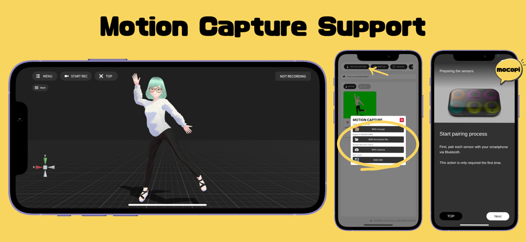 Keyaki Studio - Keyaki Studioのインターフェース。mocopi連携やAIカメラを含むモーションキャプチャーオプションを3Dアバターアニメーション用に表示しています