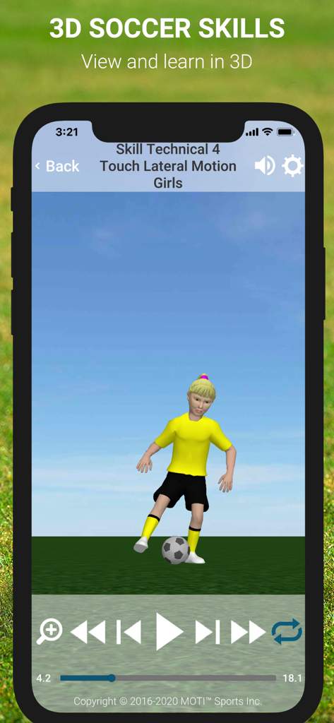 MOTI™ Soccer - A female 3D soccer avatar performing a touch lateral motion skill drill in the MOTI Soccer app