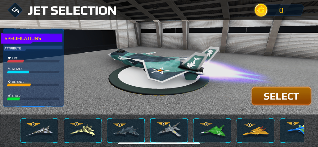 Jet Sky Warriors 3D - Jet selection screen in Jet Sky Warriors 3D featuring a fighter jet in a hangar with performance stats