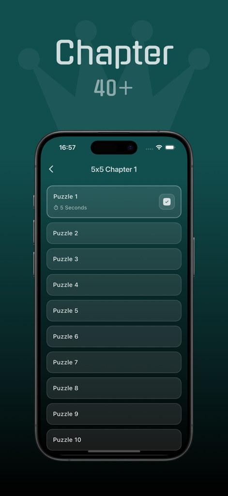 N-Queens Puzzle - N-Queens Puzzle app screen showing a list of levels in Chapter 1 for a 5x5 board