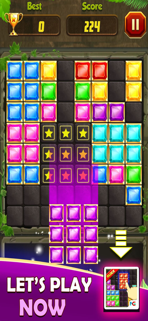 Pantalla de juego de Block Puzzle Jewel Blast mostrando coloridos bloques de gemas en una cuadrícula con un contador de puntuación y llamada a la acción.