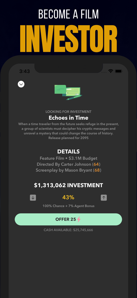 In-game screen showing a film investment opportunity for a movie titled Echoes in Time with budget and cast details.