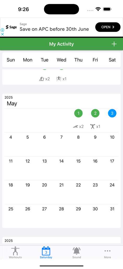Tabata Timer for HIIT - Tabata Timer app activity screen showing a monthly workout tracking calendar