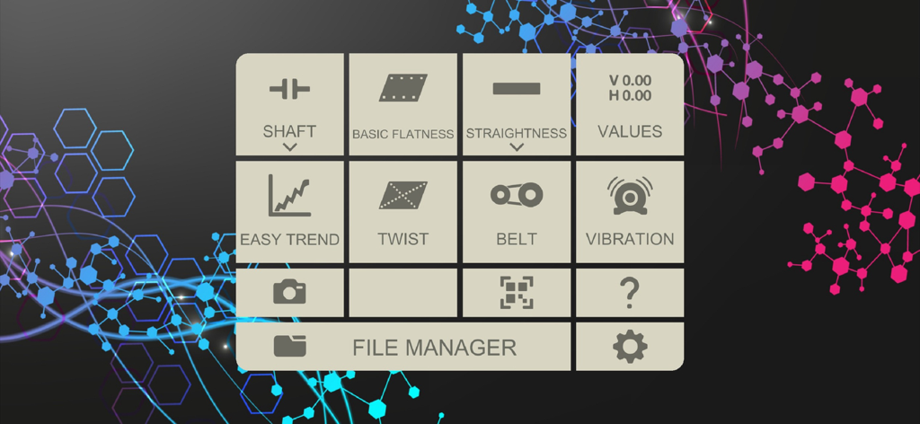 Easy-Laser XT Alignment app main menu featuring industrial measurement modules for shaft belt and vibration