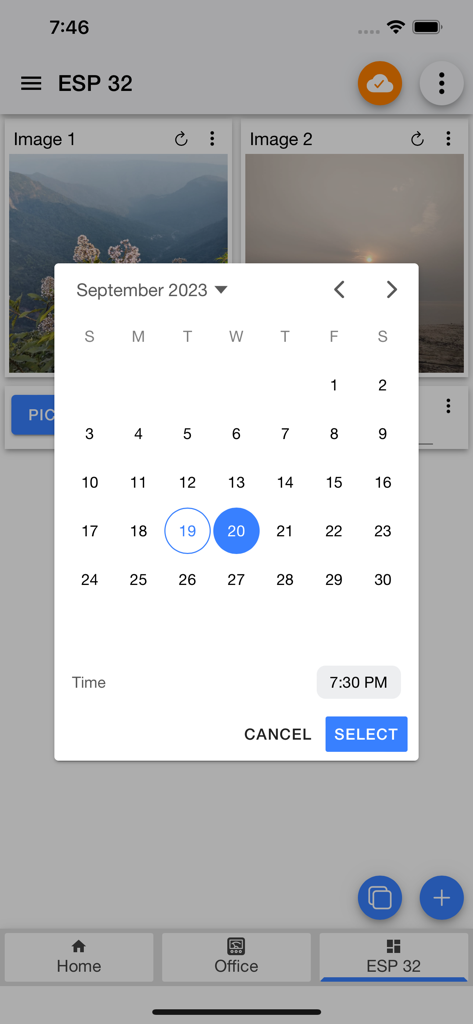 IoT MQTT Panel Pro - A date and time picker overlay on a smart home dashboard for an ESP32 device