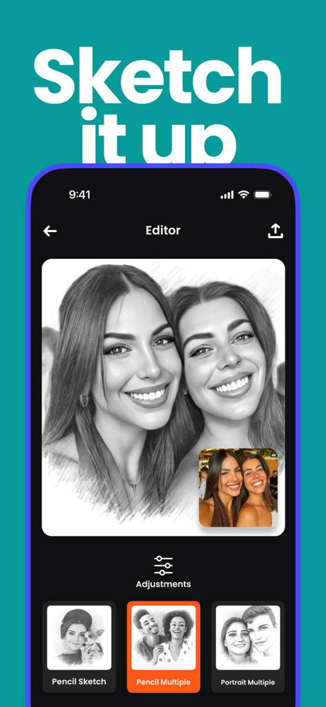 Interface do aplicativo Voila AI Artist mostrando um efeito de esboço a lápis em preto e branco em uma foto de duas mulheres