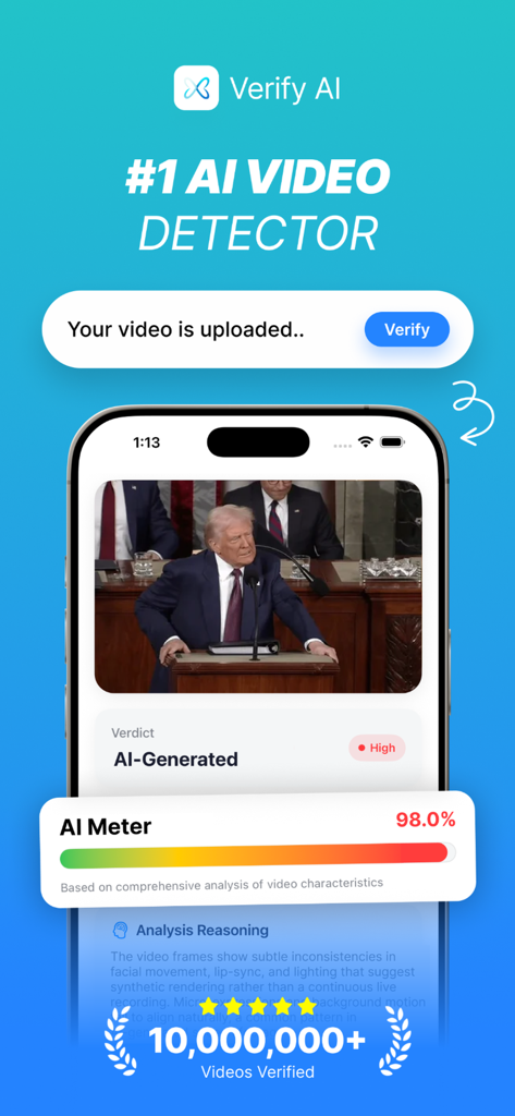 Verify AI - Photo Detector - Verify AI app interface showing a video being identified as AI-generated with a 98 percent confidence score.