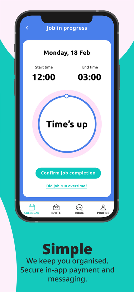 Kiddo App - Kiddo App mobile screen showing a completed childcare job status with options to confirm and pay