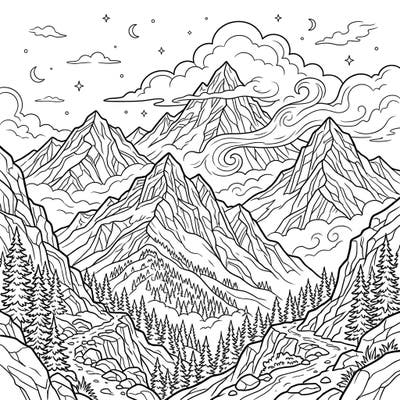 Embark on an exciting journey with this misty mountain coloring page designed just for kids. Discover towering peaks, hidden valleys, and serene pine forests ready for your colorful imagination.
