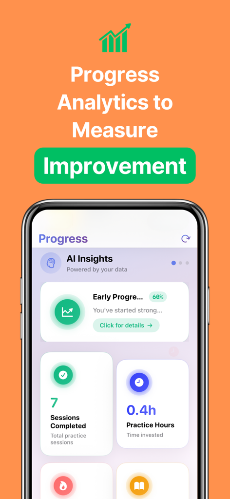 Accent AI: Pronunciation Coach - Um painel móvel mostrando análises de progresso de pronúncia, incluindo sessões concluídas e horas de prática.