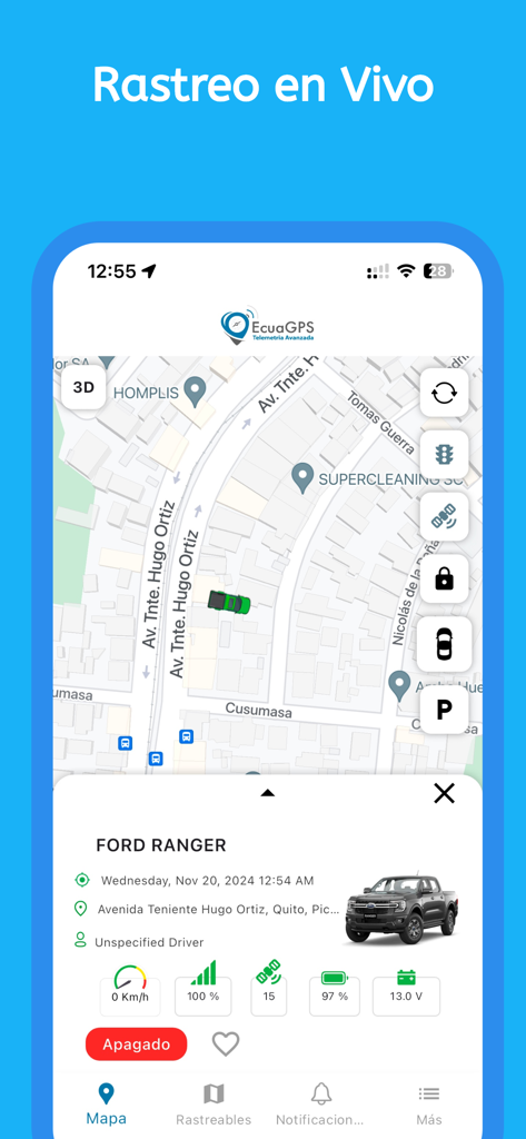 EcuaGPS - EcuaGPS app interface showing live vehicle tracking and status for a Ford Ranger