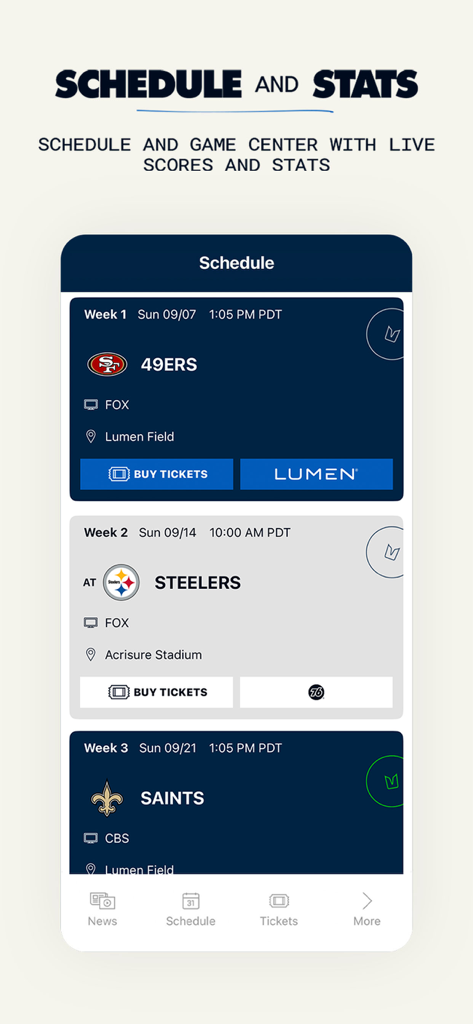 Official Seattle Seahawks app screen displaying the team game schedule and live scores