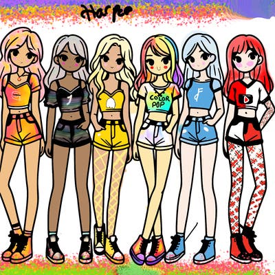 a group of girls wearing crop tops and shorts