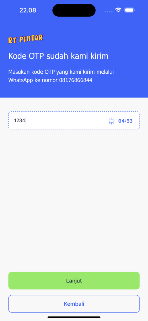 RTPINTAR - OTP verification screen of the RTPINTAR community management app showing a numeric input field and a countdown timer.