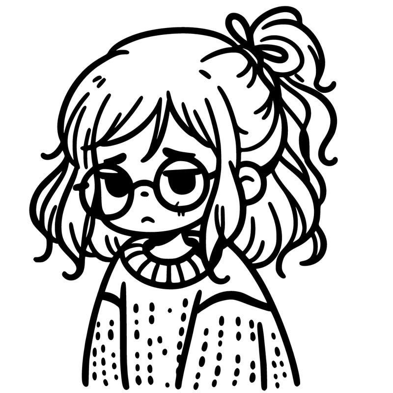 sad girl with untied hair and with glasses and a sweater