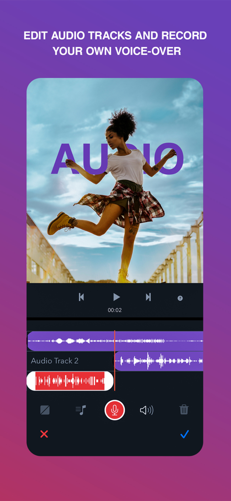 Hilights Video Editor Maker - Interface of the Hilights app showing multi-track audio editing and a voice-over recording feature for videos