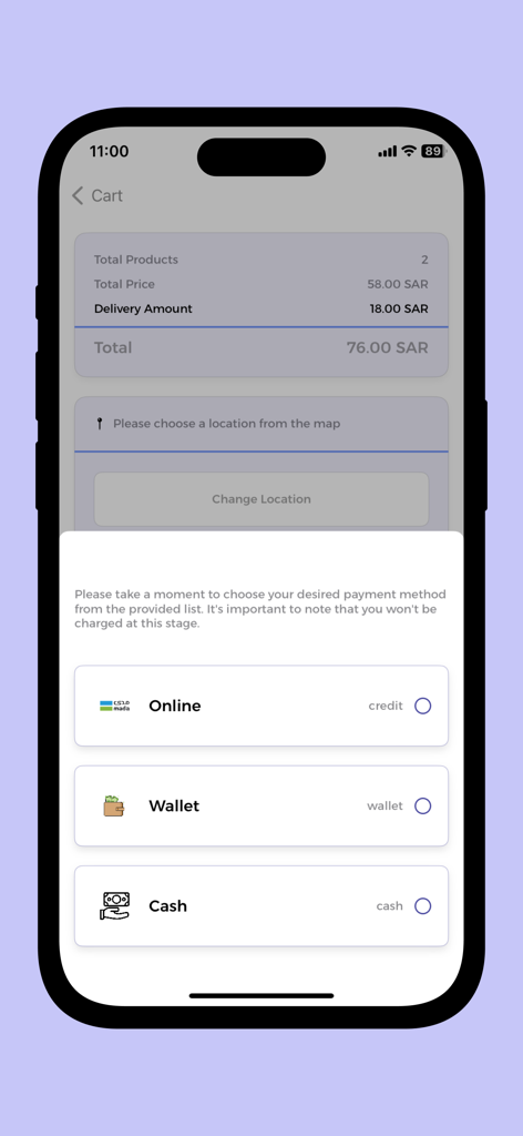 طلباتي بلس - Talabati Plus app checkout screen showing payment options including online, wallet, and cash.