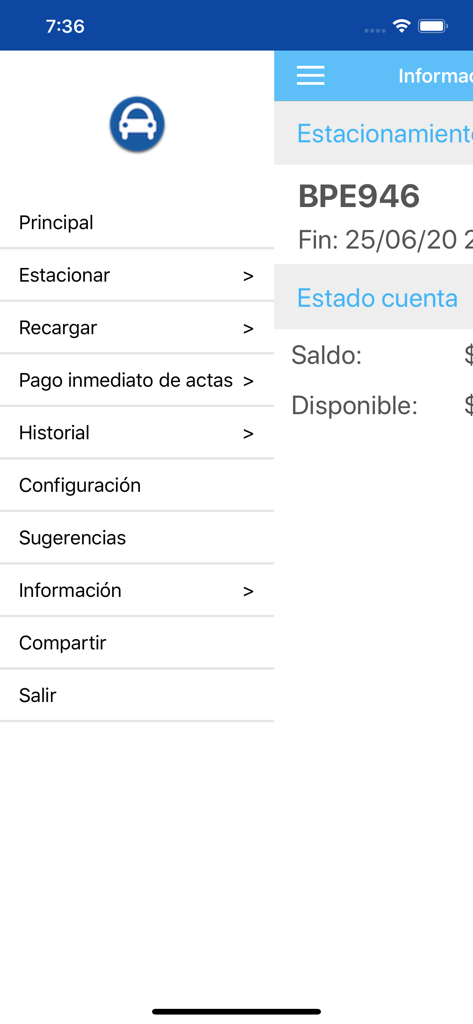 Movil-TR - Side navigation menu of the Movil-TR metered parking app showing options for parking and account management.