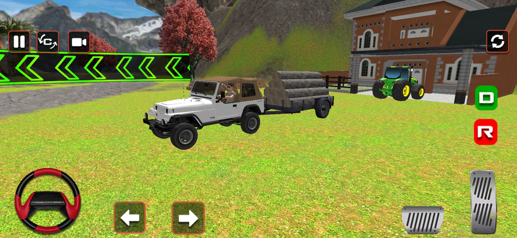 White offroad jeep towing a trailer of logs in a driving simulation game environment