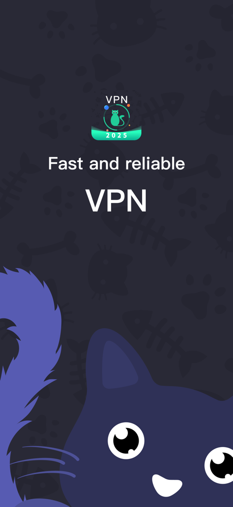 A cute cat themed splash screen for the VPN Lite Cat Free app featuring a friendly dark blue cat character and the text Fast and reliable VPN