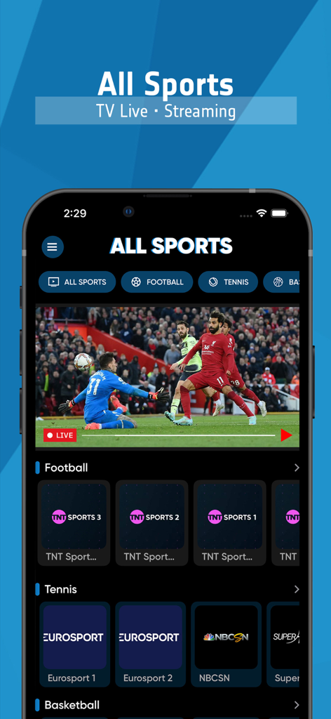 All Sports TV App-Oberfläche, die ein Live-Fußballspiel und verschiedene Sportkanalkategorien auf einem Smartphone zeigt
