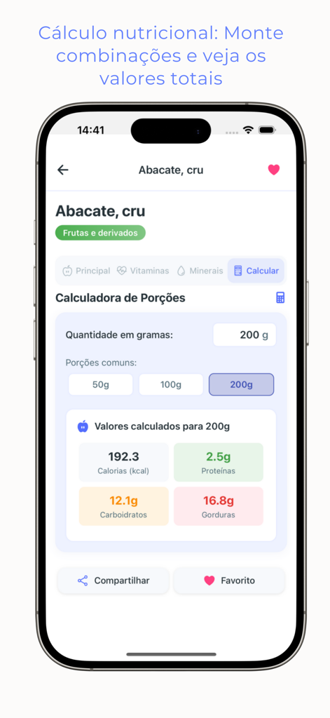 Taco Tabela - Nutrition calculator screen in the Taco Tabela app showing macronutrients for 200 grams of raw avocado.