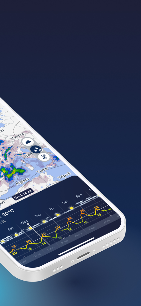 Fluid Meteo – Weather Forecast - Fluid Meteo weather app interface on iPhone with 3D map and temperature graph