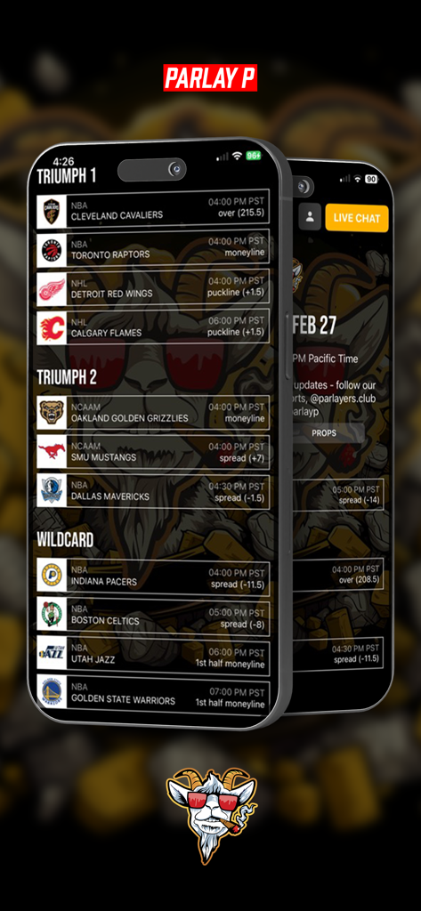 Screenshot of the Parlay P app displaying daily data-driven sports betting picks for NBA and NHL games