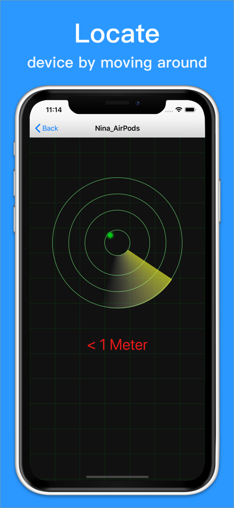 Interface of the Bluetooth tracking app showing a radar screen locating AirPods within one meter.