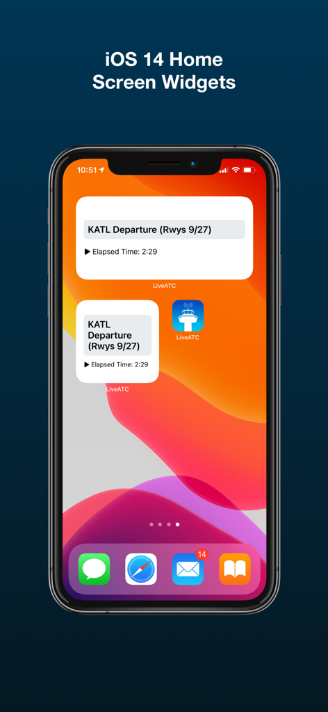 iPhone home screen displaying LiveATC Air Radio widgets showing live KATL departure airport feed information