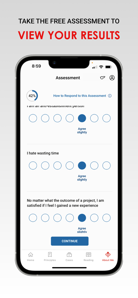 Principles In Action - Principles In Action app interface showing the PrinciplesYou personality assessment questionnaire