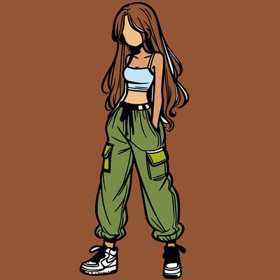 girl in baggy pants crop top and long hair