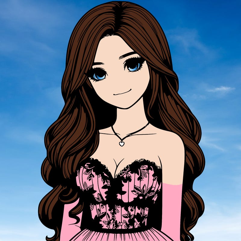 realistic girl with long hair and pretty prom dress