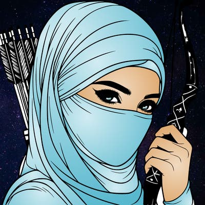 realistic muslim woman face covered holding a bow and arrows