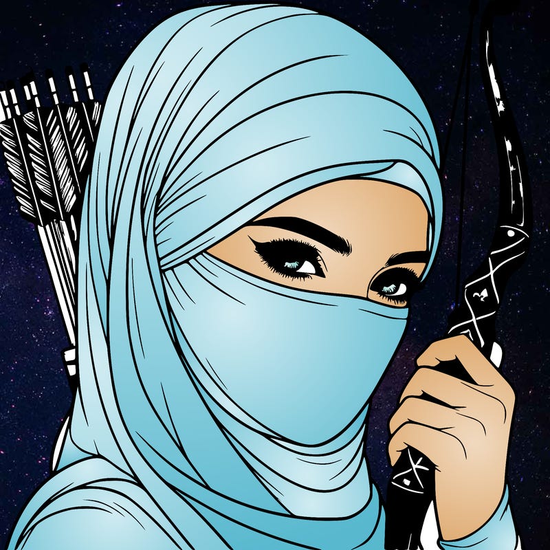 realistic muslim woman face covered holding a bow and arrows