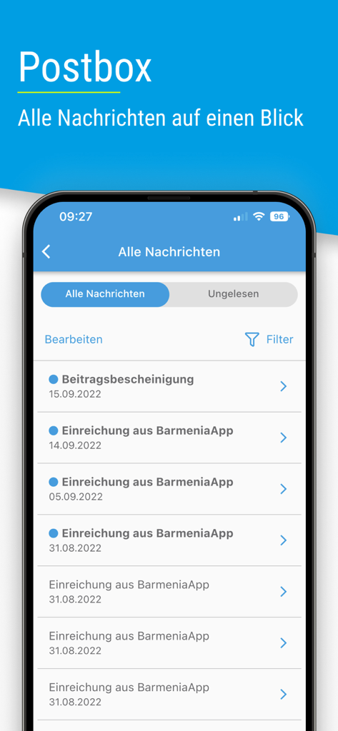 Barmenia - Barmenia mobile app postbox interface showing a list of digital insurance messages and documents