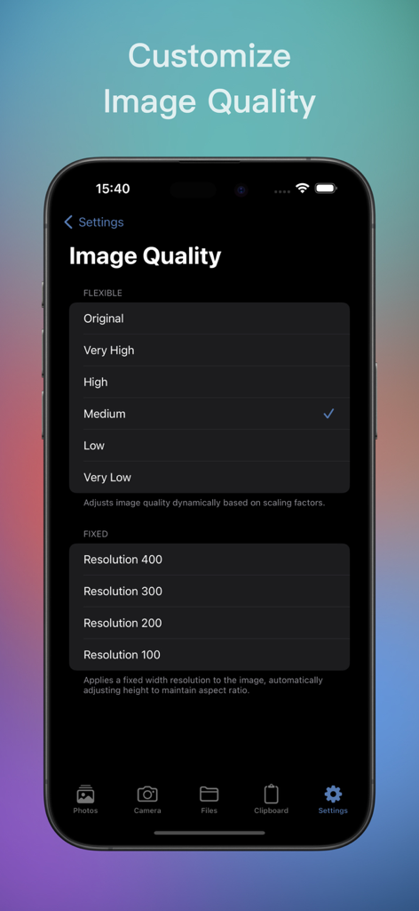 Imagio app settings screen showing flexible and fixed image quality options for reverse image searches