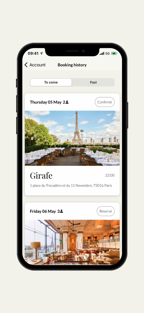 Mobile app screen showing the booking history for high-end restaurants like Girafe in Paris