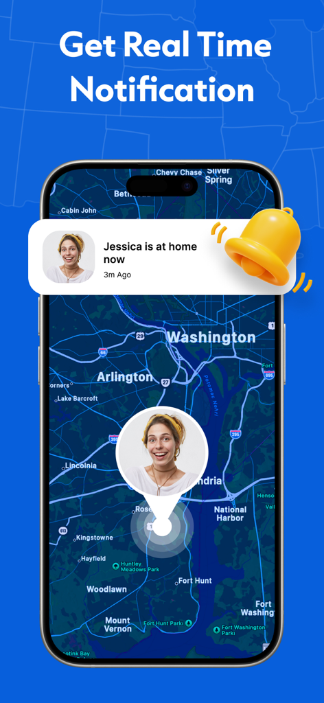 GPS - Phone Location Tracker - GeoTrack360 App zeigt eine Echtzeit-Benachrichtigung an, dass eine Person auf einer Kartenoberfläche zu Hause angekommen ist