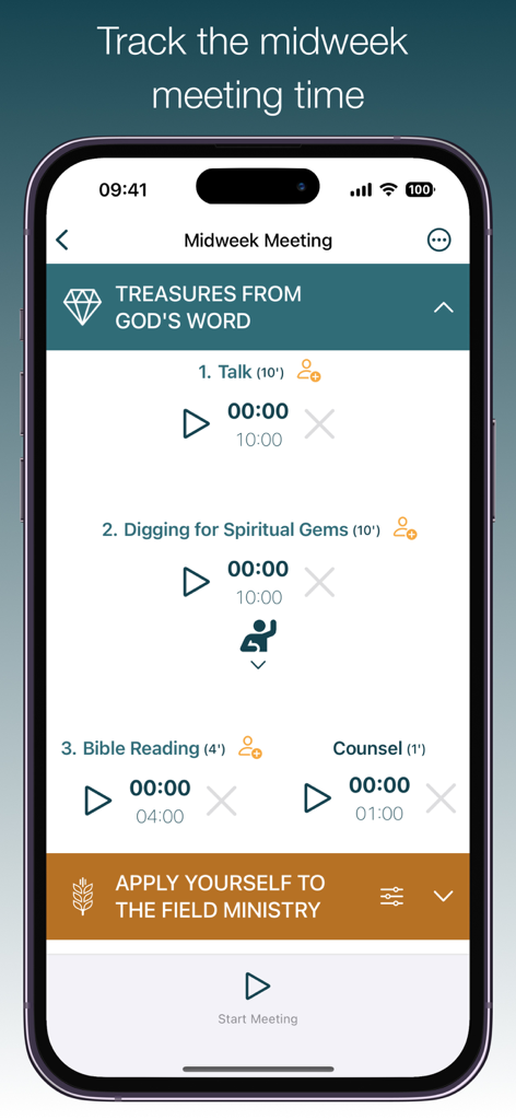 Meeting Timer & Stopwatch - Captura de tela do aplicativo Meeting Timer mostrando a agenda da reunião de meio de semana com temporizadores específicos para palestras e leituras