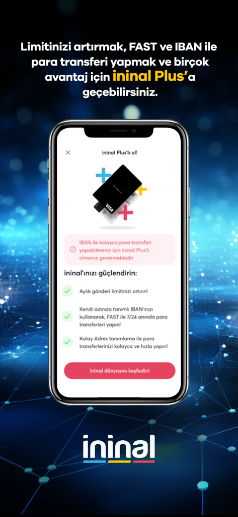 利用限度額の引き上げやIBAN送金など、ininal Plusアップグレードの特典を表示したモバイル画面。