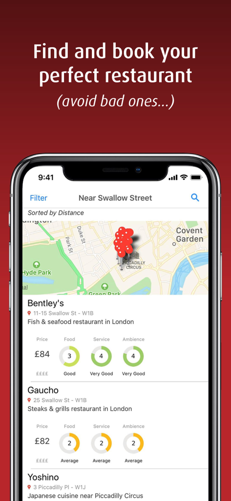Hardens: Restaurant Guide - Hardens restaurant guide app interface showing search results for London with map and ratings