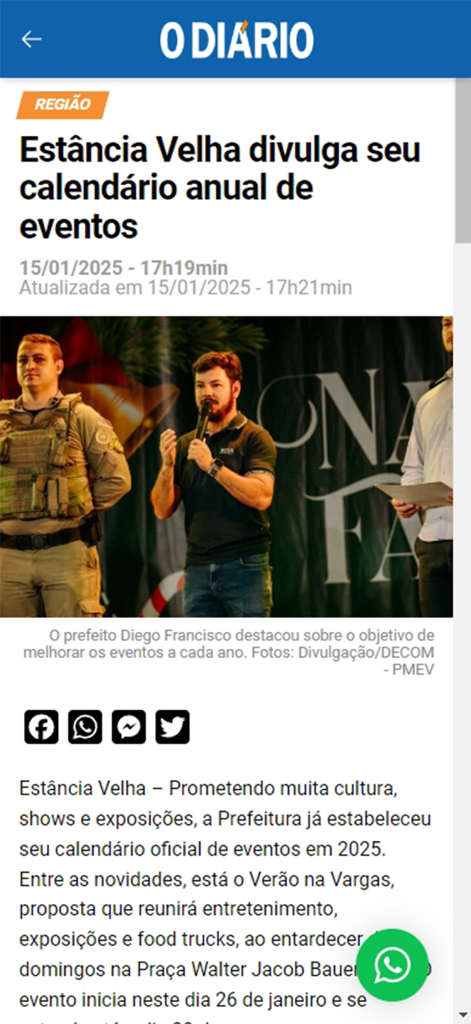 Jornal - O Diário - Captura de tela do aplicativo móvel Jornal O Diario mostrando um artigo de notícias regional sobre o calendário de eventos anuais de Estância Velha.