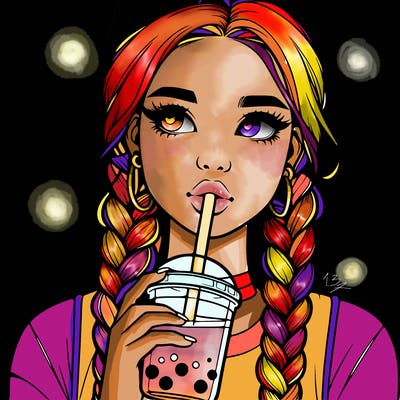 realistic girl with braided hair drinking boba