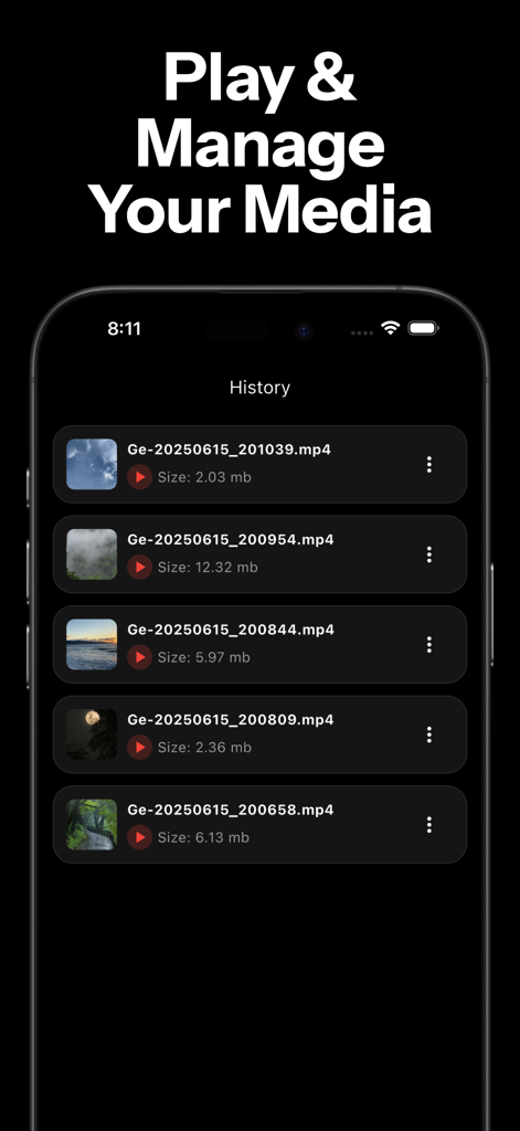 Smartphone screen showing the history of saved videos in the BlackHol Grab app.