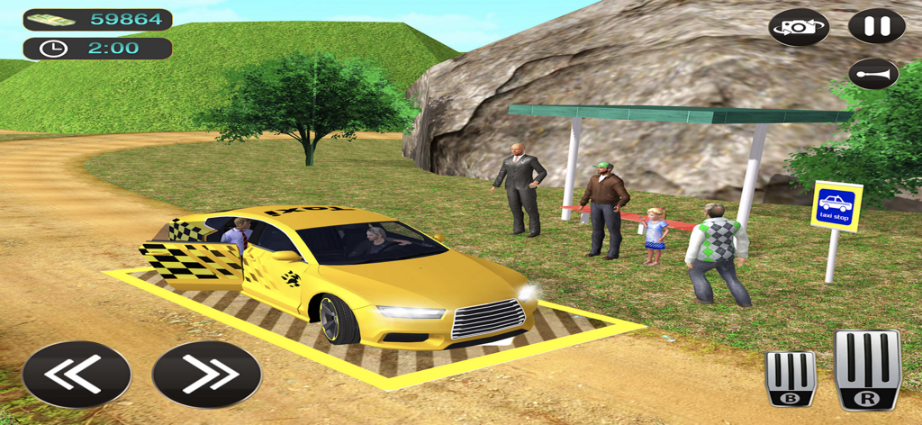 A yellow taxi picking up a passenger at a roadside stop in a mountainous driving simulator game.